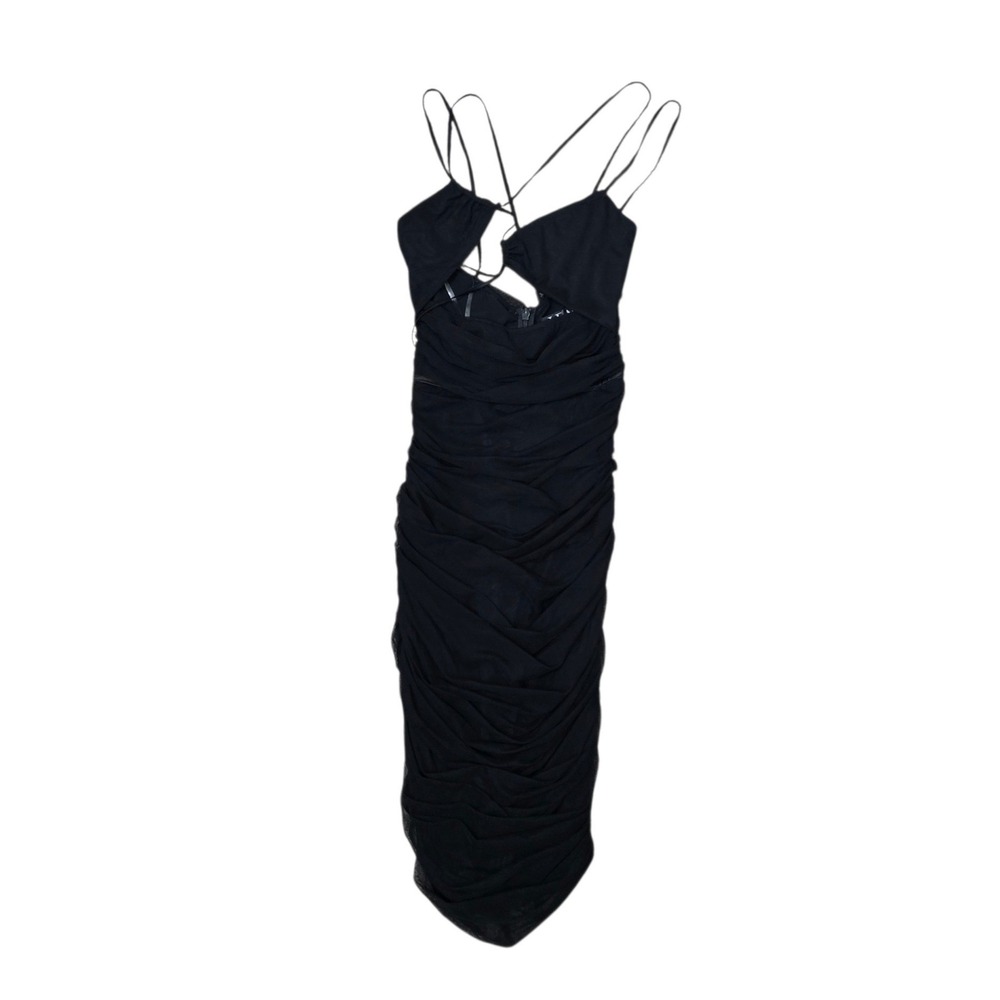LEAU Seoul Strap Mesh Midi Dress Black Ruched Cutout D1019 Womens Small NEW